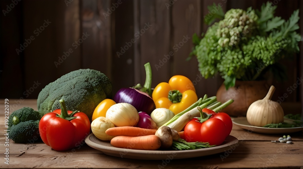The rustic table is overflowing with fresh harvest. Seasonal vegetables, from the field to the table. Generative AI The rustic table is overflowing with fresh harvest. Seasonal vegetables, from the field to the table. Generative AI
