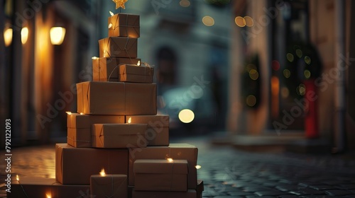 Closeup of Christmas tree made from boxes on a summer day evening. Canon 5.   © Mockup Station