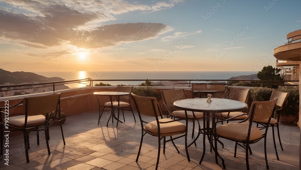 Landscape of outdoor luxury cafe table and chairs on rooftop in Monaco with sea view and beautiful sunset sky. Ai Generative.