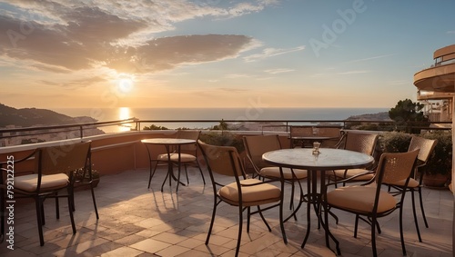 Landscape of outdoor luxury cafe table and chairs on rooftop in Monaco with sea view and beautiful sunset sky. Ai Generative.