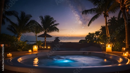 Jacuzzi in luxury beach resort with beautiful night sky in background. Ai Generative.
