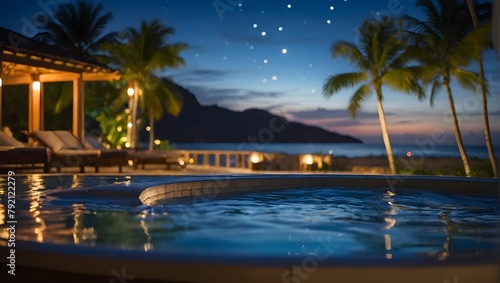 Jacuzzi in luxury beach resort with beautiful night sky in background. Ai Generative.