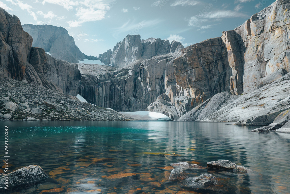 Tranquil alpine lake surrounded by towering granite cliffs