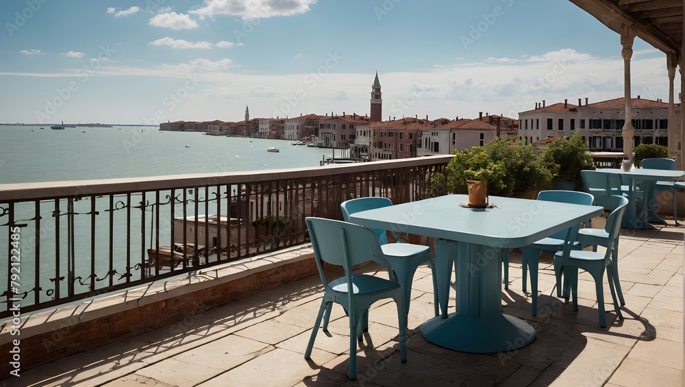 Landscape of outdoor luxury cafe table and chairs on rooftop in Venice with sea view and beautiful clear sky. Ai Generative.