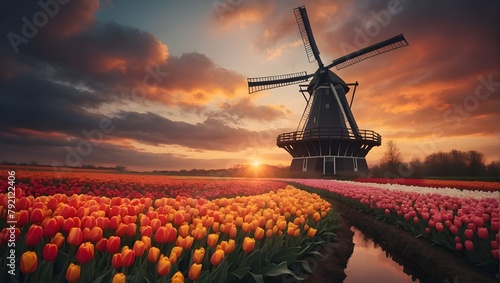 Landscape with colorful tulips with traditional Dutch windmill and sunset with sky in background.