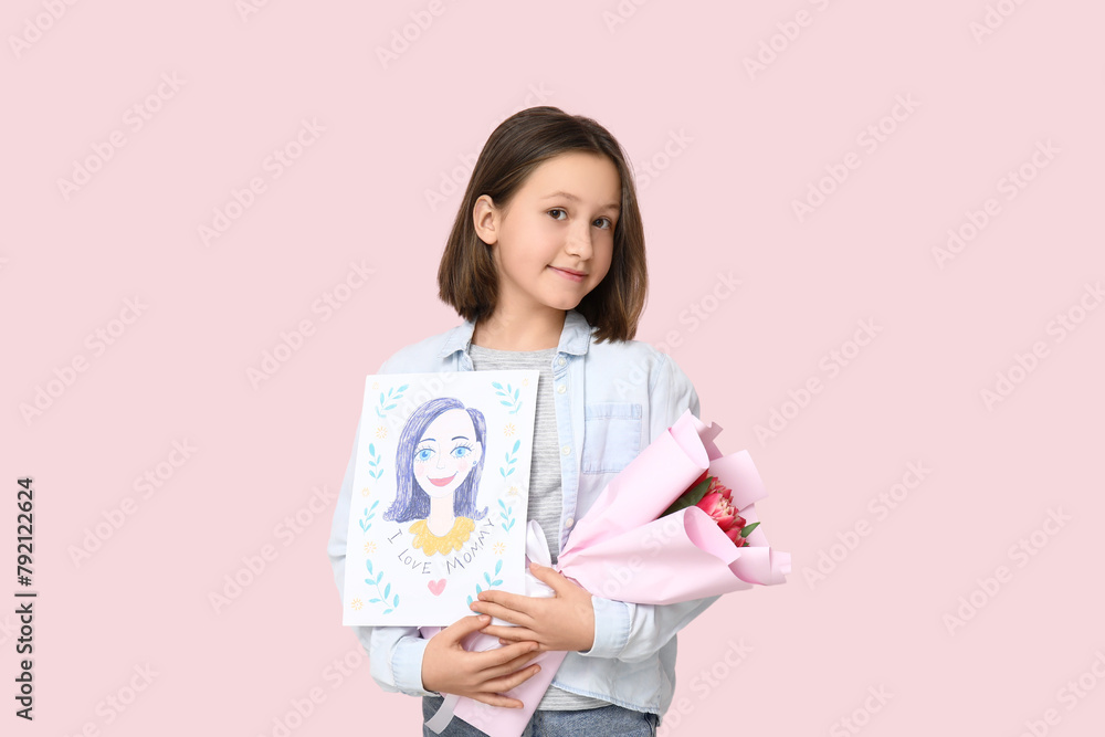 Little girl with bouquet of tulips and drawing for mother near pink wall Little girl with bouquet of tulips and drawing for mother near pink wall