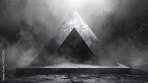 A pyramid is shown in a foggy, dark setting. The pyramid is made of metal and he is a part of a larger structure. Scene is mysterious and ominous, as the fog