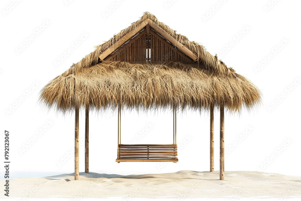 Tranquil beach house with a thatched roof and a wooden swing facing the ocean, isolated on solid white background. Tranquil beach house with a thatched roof and a wooden swing facing the ocean, isolated on solid white background.