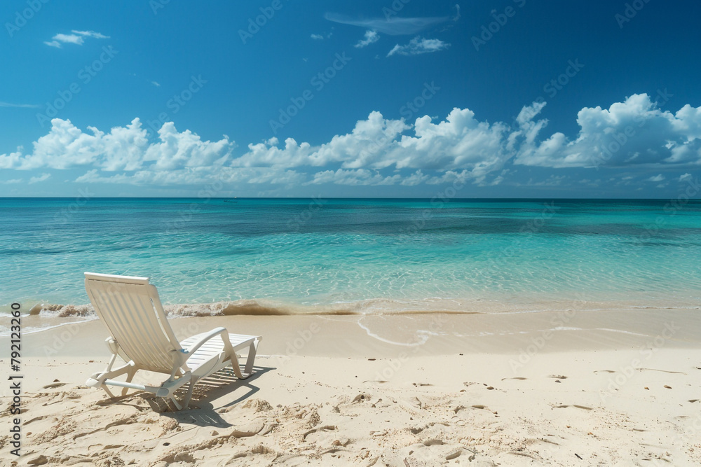 Tranquil beach with a lone beach chair overlooking the ocean Tranquil beach with a lone beach chair overlooking the ocean