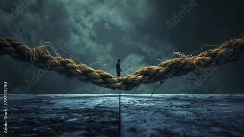 Concept of danger and risk with two ends of a frayed worn rope held together by the last strand on the point of snapping, against a dark background with copyspace.Man standing at intersection between  photo