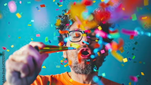 Cropped image of a man blowing party horn, surprise concept.

 photo