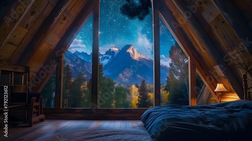 View outside cathedral windows of A-Frame, San Juan Mountains and Stars, Colorado photo
