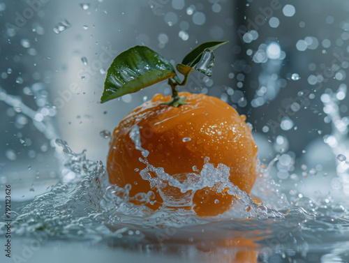 An orange with a leaf splashing into water under studio lighting, captured in high detail. photo