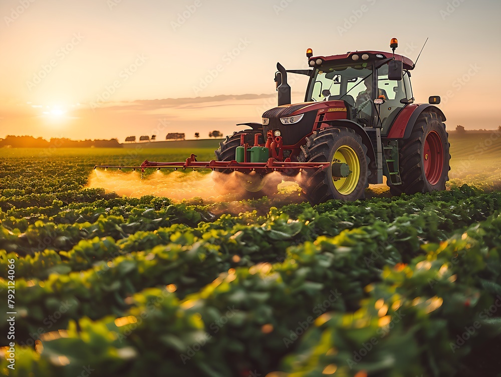 A tractor spraying pesticides on a vast field of crops on a spring day in the countryside A tractor spraying pesticides on a vast field of crops on a spring day in the countryside