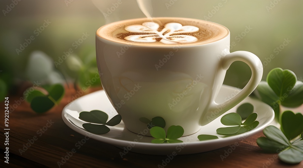 Rich latte topped with a shamrock design, nestled on a misty background of clover leaves. Ireland. Generative AI Rich latte topped with a shamrock design, nestled on a misty background of clover leaves. Ireland. Generative AI