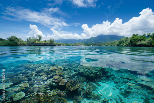 Tranquil lagoon with vibrant coral reefs visible beneath the surface