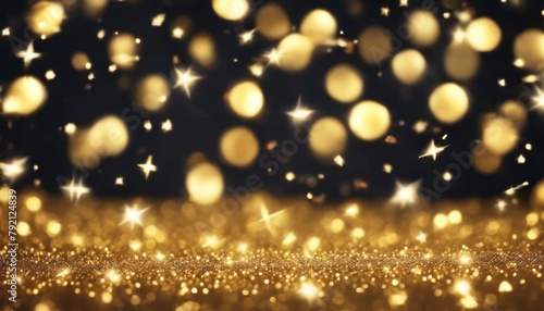 'confetti bokeh.Magic light Gold star dust glittering abstract glistering background black christmas texture sparkle grunge effect wallpaper bright grainy illustration'