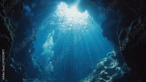 Drone view of sea creatures underwater in the sea in a cave.