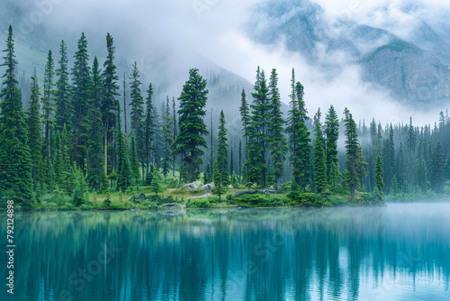 Tranquil mountain lake surrounded by towering pine trees