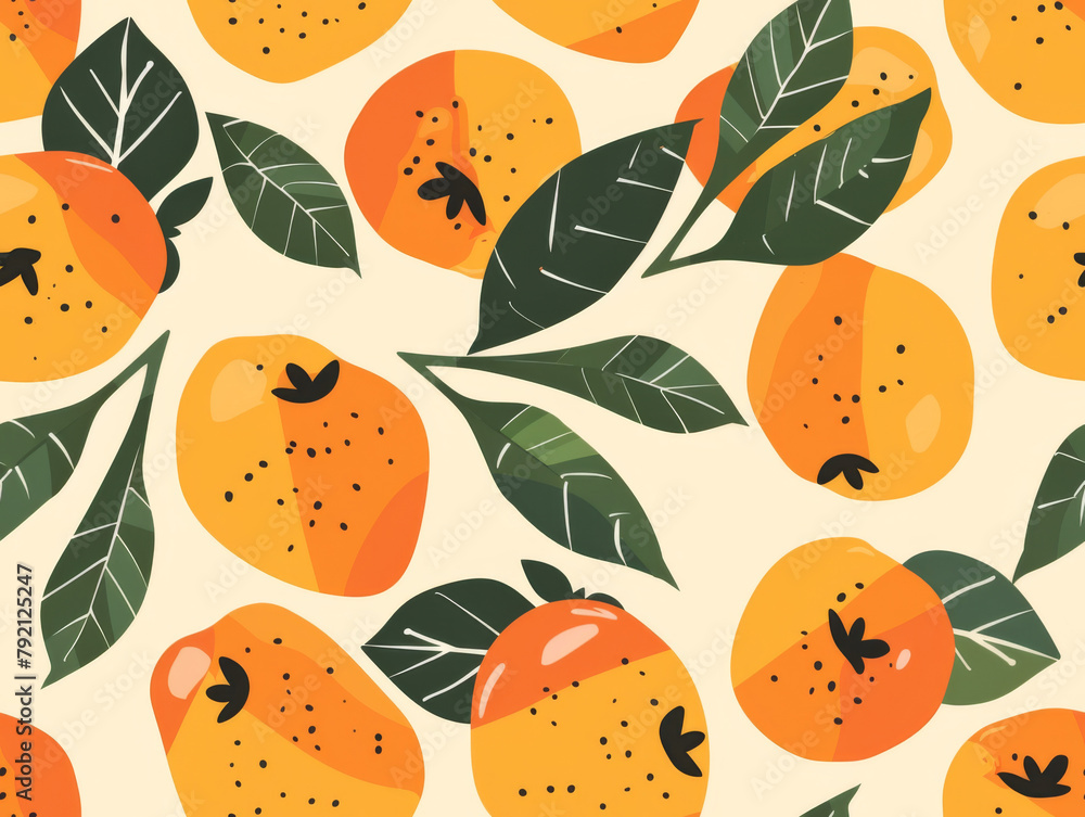 Seamless pattern with stylized persimmons and leaves on a light background.
