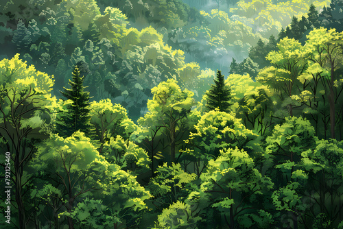 A painting of a serene and lush forest filled with green trees, depicting the beauty of nature and the peacefulness of the wilderness. photo