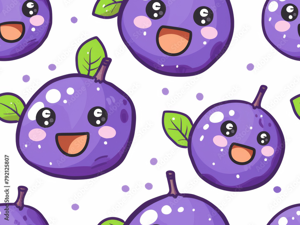 Seamless pattern featuring cute, smiling plum illustrations with leaves on a spotted background.