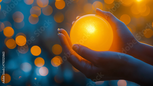 Mãos segurando uma esfera amarela brilhante