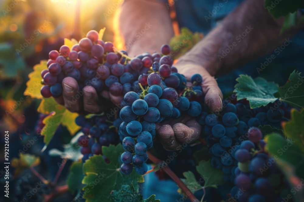 Closeup of a mans hands harvesting grapes in a viney. Generate AI image