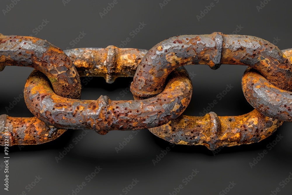 Fototapeta premium A chain link is rusty and old. The chain is made of metal and is connected to a metal ring