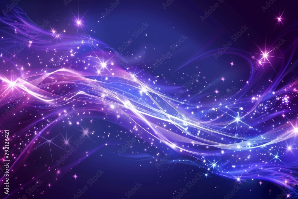 Abstract background with purple glowing lines and stars on blue background, banner design Generative AI