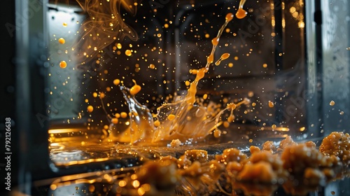 Food splattered in microwave oven, close-up.