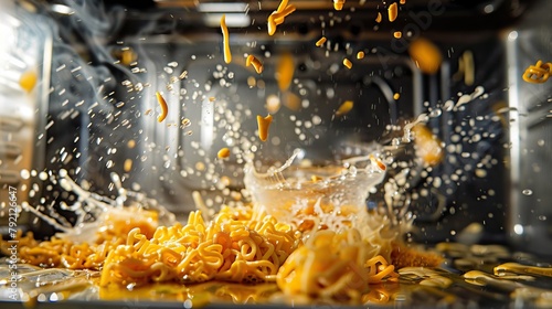 Food splattered in microwave oven, close-up.