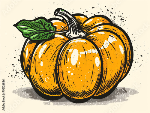 Vector illustration of an orange pumpkin with a green leaf, stylized with ink spatter on a textured background. photo