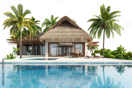 Tropical beachfront villa with a palm-thatched roof and a serene infinity pool  isolated on solid white background.