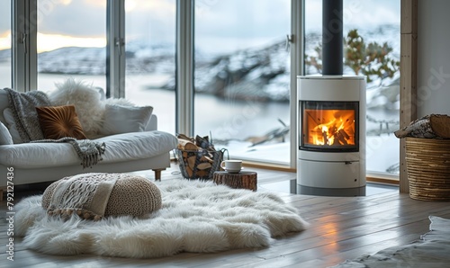 A penthouse with cosy atmosphere interieur and a stove with fire