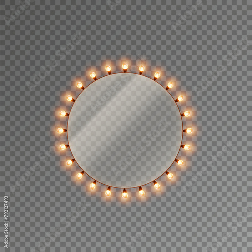 Light circle banner isolated on transparent background. Vector round Hollywood bulbs frame. Las Vegas casino night sign. Glowing fairy Christmas garland string, border or makeup mirror with lamps © Kindlena