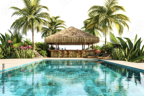 Tropical oasis featuring an infinity pool  palm trees  and a thatched-roof poolside bar  isolated on solid white background.