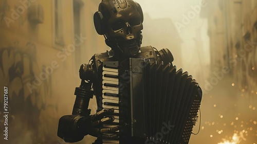 Silhouette an accordionplaying robot, metallic fingers flying as bellows project an otherworldly drone photo