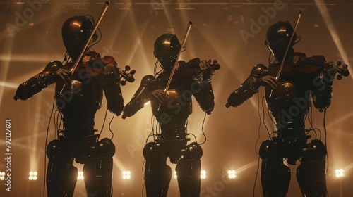 Silhouette a robotic string quartet on a dimly lit stage, their metallic arms precisely bowing and plucking in perfect harmony