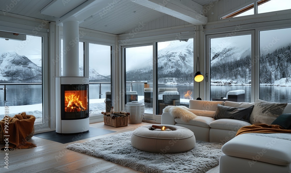 Obraz premium A penthouse with cosy atmosphere interieur and a stove with fire