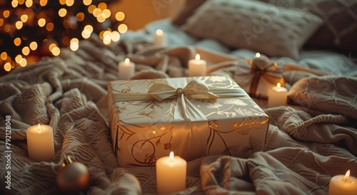 Wrapped Present on Bed Next to Lit Candles