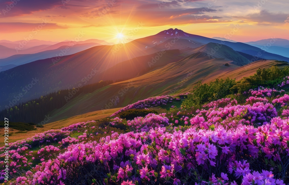 Purple Flowers Field With Mountain Background Purple Flowers Field With Mountain Background