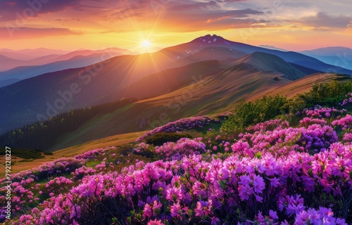 Purple Flowers Field With Mountain Background © olegganko