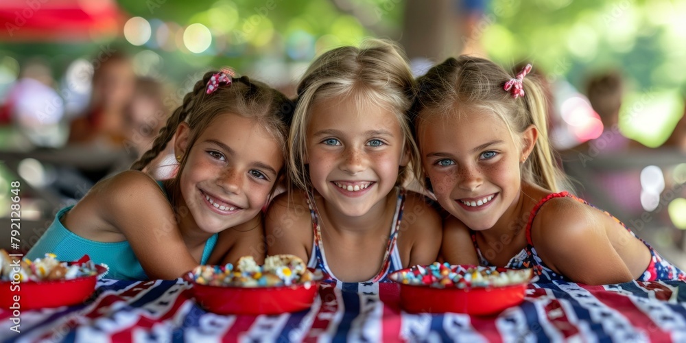 Joyful trio of young girls enjoying colorful festive treats at an Independence Day picnic, vibrant summer celebration, youthful enthusiasm.