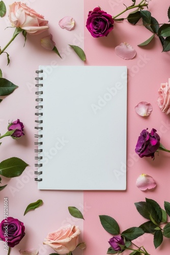 Spiral Notebook Surrounded by Flowers on Pink Background