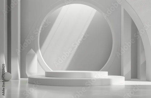 White Room With Arched Windows and White Pedestal