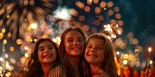 Joyful trio celebrates Independence Day with vibrant fireworks and sparklers, showcasing friendship and festive spirit.