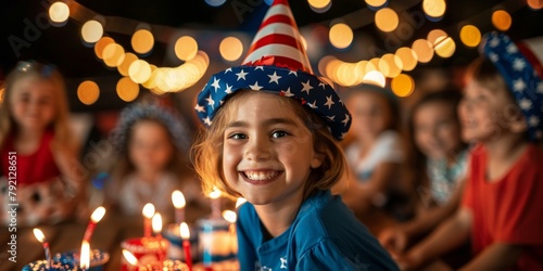 Joyful young girl in blue celebrating Independence Day with friends, wearing star-spangled hat, festive lights and cake, evoking patriotic spirit. photo
