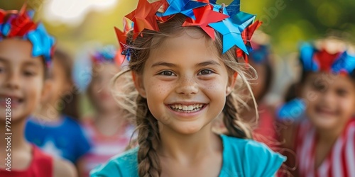 Joyful girl with star-spangled headband leads group of children in celebratory Fourth of July parade, vibrant colors of red, blue, and white dominate. © BrightWhite
