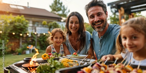 Joyful family of four enjoying backyard barbecue on Independence Day, close-up of smiling faces and vibrant food, sunny summer evening.